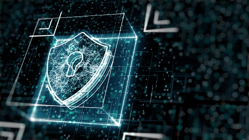 Abstract cyber security concept. Shield With Keyhole icon on digital data background