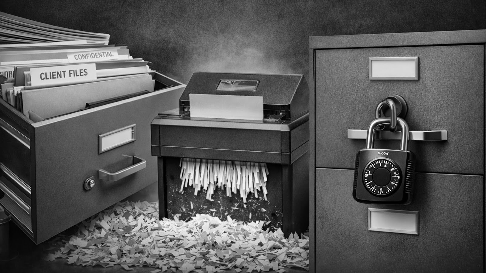 Files and a shredder and a cabinet with a lock on it