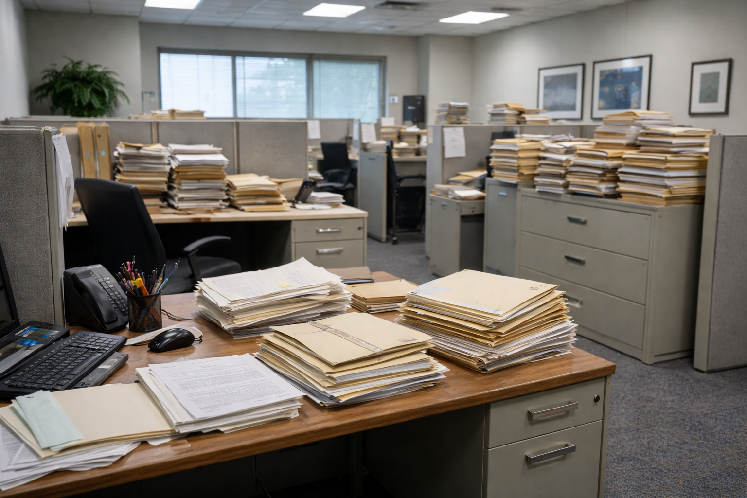 Before richards and richards purge day with lots of files on desks and in cabinets